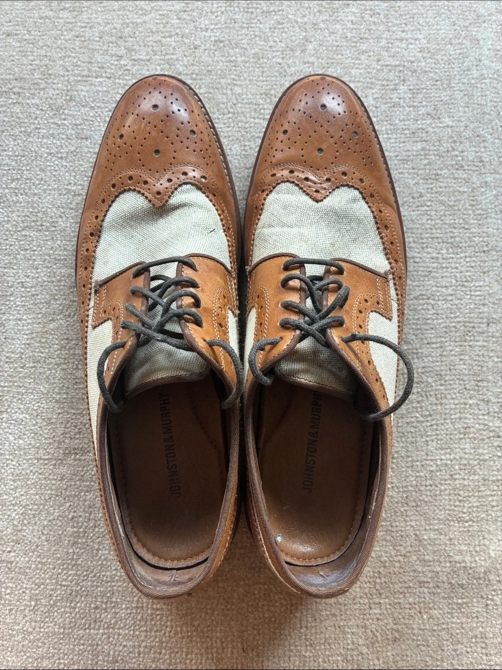 Johnston & Murphy Two-Tone Brown and Cream Wingtip Derby